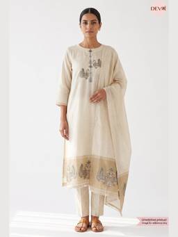 DEVRI - Beige Banarashi Silk Embroidered Unstitched Kurta with Pant and Dupatta
