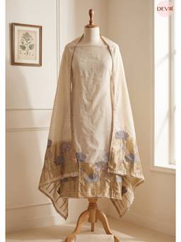 DEVRI - Beige Cotton Chanderi Silk Embroidered Unstitched Kurta with Pant and Dupatta