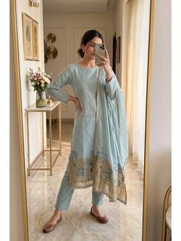DEVRI - Blue Banarashi Silk Embroidered Unstitched Kurta with Pant and Dupatta
