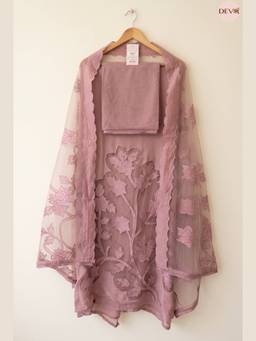 DEVRI - Pink Mul Crush Embroidered Unstitched Kurta with Pant and Dupatta