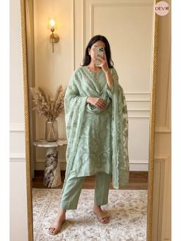 DEVRI - Green Mul Crush Embroidered Unstitched Kurta with Pant and Dupatta