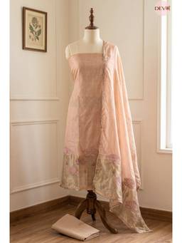 DEVRI - Peach Banarashi Silk Unstitched Kurta with Pant and Dupatta