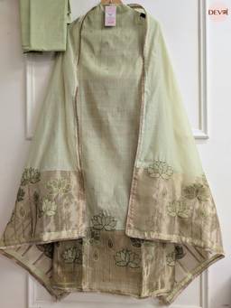 DEVRI - Green Banarashi Silk Embroidered Unstitched Kurta with Pant and Dupatta