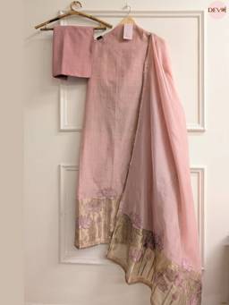 DEVRI - Pink Banarashi Silk Embroidered Unstitched Kurta with Pant and Dupatta
