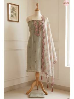 DEVRI - Olive Tissue Crush Silk Embroidered Unstitched Kurta with Pant and Dupatta