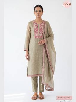 DEVRI - Olive Tissue Silk Embroidered Unstitched Kurta with Pant and Dupatta
