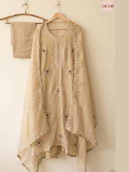 DEVRI - Beige Tissue Crush Silk Embroidered Semi-Stitched Kurta with Pant and Dupatta