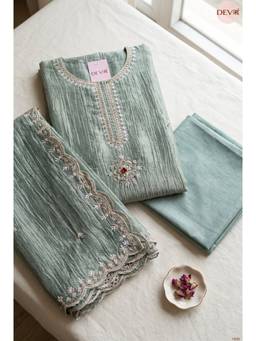 DEVRI - Green Tissue Crush Silk Embroidered Semi-Stitched Kurta with Pant and Dupatta