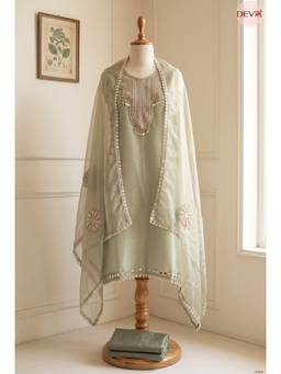 DEVRI - Sage Tissue Silk Hand Unstitched Kurta with Pant and Dupatta