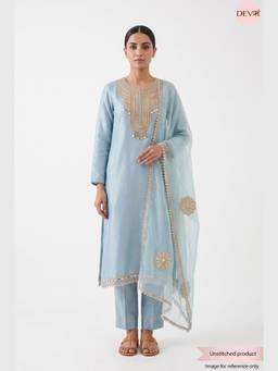 DEVRI - Blue Tissue Silk Embroidered Unstitched Kurta with Pant and Dupatta