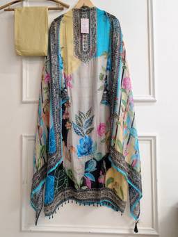 DEVRI - Cream Organza Printed Unstitched Kurta with Pant and Dupatta
