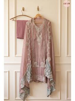 DEVRI - Pink Tissue Crush Silk Embroidered Semi-Stitched Kurta with Pant and Dupatta