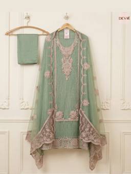 DEVRI - Green Tissue Crush Silk Semi-Stitched 3-Piece Dress Material