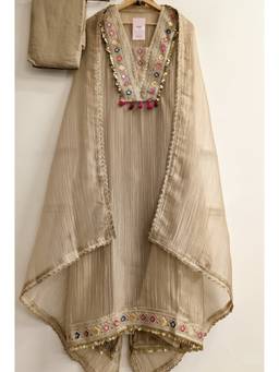 DEVRI - Beige Tissue Crush Silk Embroidered Unstitched Kurta with Pant and Dupatta