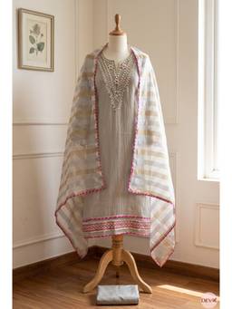 DEVRI - Grey Tissue Silk Embroidered Unstitched Kurta with Pant and Dupatta
