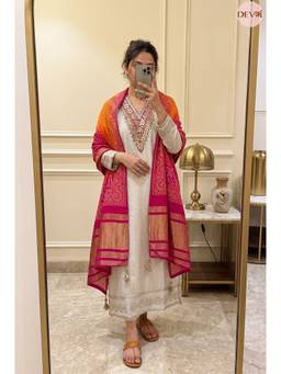 DEVRI - Cream Tissue Silk Semi-Stitched 3-Piece Suit Dress Material