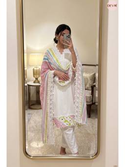 DEVRI - White Muslin Embroidered Unstitched Kurta with Pant and Dupatta