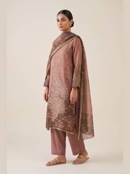 DEVRI - Mauve Linen Cotton Printed Unstitched Kurta with Pant and Dupatta