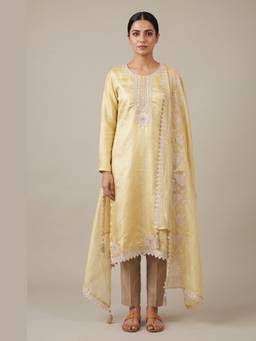 DEVRI - Yellow Tissue Silk Embroidered Unstitched Kurta with Pant and Dupatta