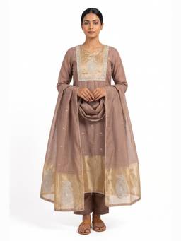 DEVRI - Mauve Mul Chanderi Embroidered Unstitched Kurta with Pant and Dupatta