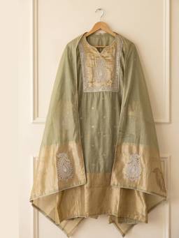 DEVRI - Olive Mul Chanderi Embroidered Semi-Stitched Kurta with Pant and Dupatta
