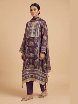 DEVRI - Purple Glass Organza Printed Unstitched Kurta with Pant and Dupatta