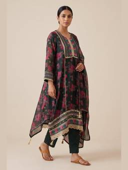DEVRI - Black Glass Organza Printed Unstitched Kurta with Pant and Dupatta