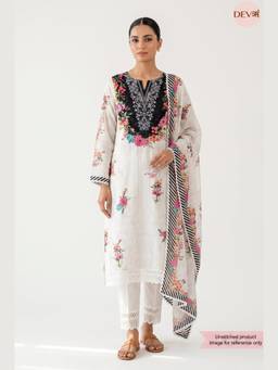 DEVRI - White Muslin Printed Unstitched Kurta with Pant and Dupatta