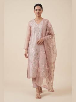DEVRI - Pink Tissue Giraffe Silk Semi-Stitched 3-Piece Suit Dress Material