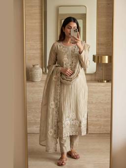 DEVRI - Beige Crush Tissue Silk Unstitched Kurta with Pant and Dupatta