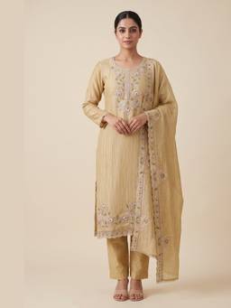 DEVRI - Mustard Crush Tissue Silk Embroidered Unstitched Kurta with Pant and Dupatta