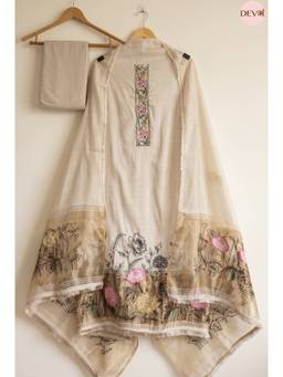 DEVRI - Beige Mul Chanderi Embroidered Unstitched Kurta with Pant and Dupatta