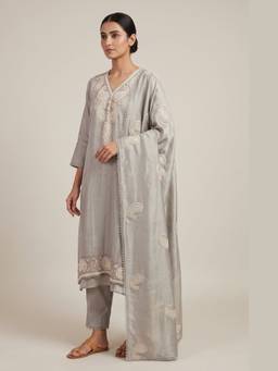 DEVRI - Grey Tissue Silk Embroidered Unstitched Kurta with Pant and Dupatta