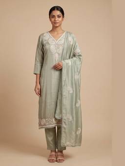 DEVRI - Green Tissue Silk Embroidered Unstitched Kurta with Pant and Dupatta
