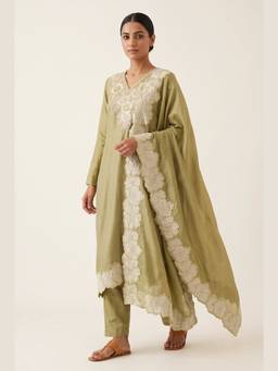 DEVRI - Green Tissue Silk Embroidered Unstitched Kurta with Pant and Dupatta