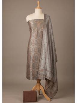 DEVRI - Grey Banarasi Woven Silk Unstitched Kurta with Pant and Dupatta