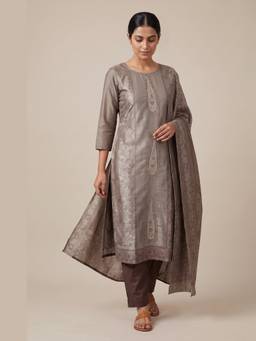 DEVRI - Brown Banarasi Woven Silk Embroidered Unstitched Kurta with Pant and Dupatta