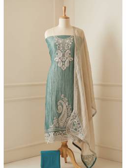 DEVRI - Green Crush Tissue Silk Embroidered Unstitched Kurta with Pant and Dupatta