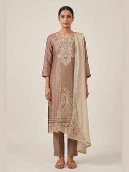 DEVRI - Mauve Crush Tissue Silk Embroidered Unstitched Kurta with Pant and Dupatta