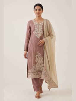 DEVRI - Mauve Crush Tissue Silk Embroidered Unstitched Kurta with Pant and Dupatta