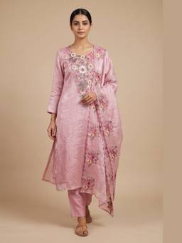 DEVRI - Pink Crush Tissue Silk Embroidered Unstitched Kurta with Pant and Dupatta
