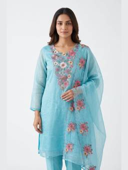 DEVRI - Blue Crush Tissue Silk Embroidered Unstitched Kurta with Pant and Dupatta