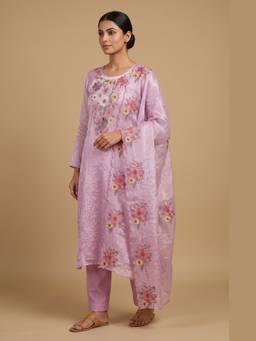 DEVRI - Pink Crush Tissue Silk Embroidered Unstitched Kurta with Pant and Dupatta