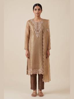 DEVRI - Brown Tissue Crush Silk Embroidered Unstitched Kurta with Pant and Dupatta