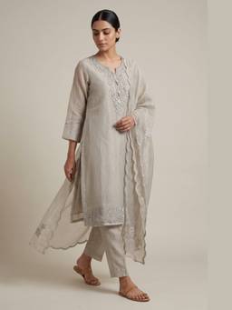DEVRI - Grey Tissue Crush Silk Embroidered Unstitched Kurta with Pant and Dupatta