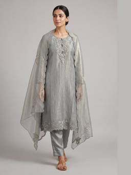 DEVRI - Grey Tissue Crush Silk Embroidered Unstitched Kurta with Pant and Dupatta