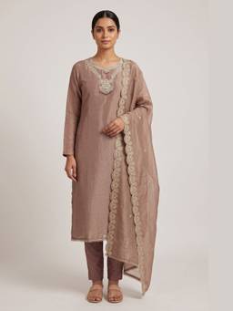 DEVRI - Brown Tissue Crush Silk Hand Unstitched Kurta with Pant and Dupatta