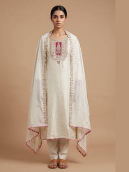 DEVRI - Cream Banarasi Tissue Silk Embroidered Unstitched Kurta with Pant and Dupatta
