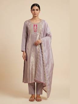DEVRI - Lavender Banarasi Tissue Silk Embroidered Unstitched Kurta with Pant and Dupatta