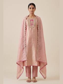 DEVRI - Pink Banarasi Tissue Silk Embroidered Unstitched Kurta with Pant and Dupatta